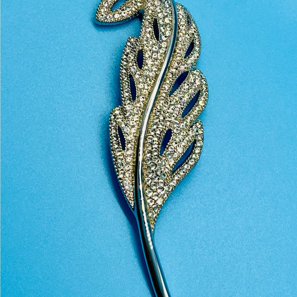 Christian Dior Signed Pin Brooch Rhodium Leaf set with Swarovski Crystals